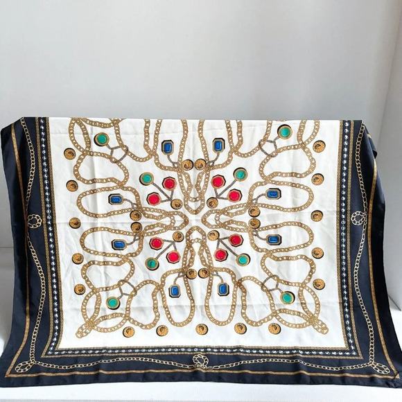 Vintage Chain Coin Jewel Print Large Colourful Scarf - Picture 1 of 4